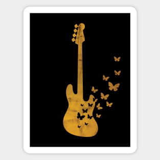 Bass Guitar Silhouette Turning Into Butterflies Gold Magnet